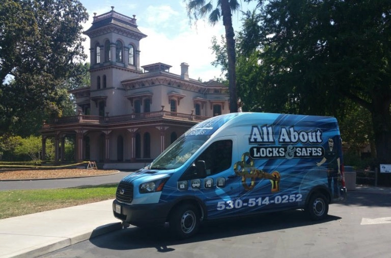 our service van parked in front of historic Bidwell Mansion before it was in the fire and burnt down